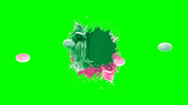 抽象的な背景は緑とピンクのインクのドロップによって作成されたスプラッシュであり 緑の背景にスプラッシュによって強調表示されます 色インクの爆発の凍結運動 — ストック写真