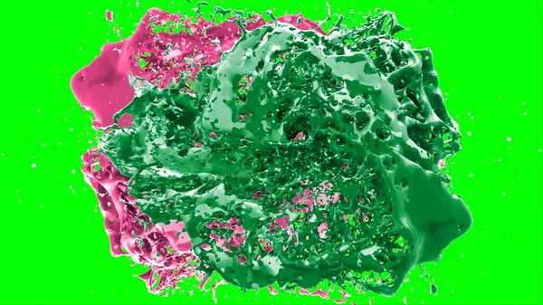 Soyut arkaplan, yeşil arkaplandaki sıçramalarla vurgulanan bir damla yeşil ve pembe mürekkep tarafından oluşturulan bir sıçramadır. Patlayan renkli mürekkebin dondurucu hareketi