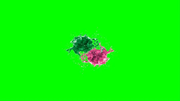 摘要背景是由一滴绿色和粉色墨水所产生的水花 以绿色背景上的水花为亮点 彩色油墨爆裂的冻结运动 — 图库照片