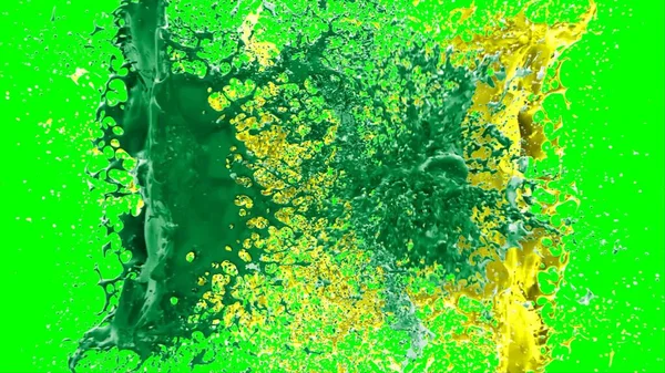 抽象的な背景は緑と黄色のインクの滴によって作成されたスプラッシュであり 緑の背景にスプラッシュによって強調表示されます 色インクの爆発の凍結運動 — ストック写真