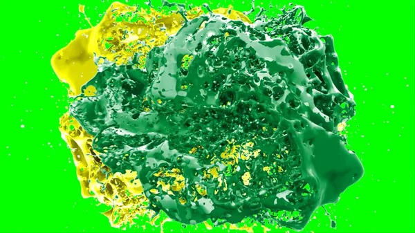 Soyut arkaplan, yeşil arkaplandaki sıçramalarla vurgulanan yeşil ve sarı mürekkep damlasının oluşturduğu bir sıçramadır. Patlayan renkli mürekkebin dondurucu hareketi.