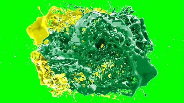 Soyut arkaplan, yeşil arkaplandaki sıçramalarla vurgulanan yeşil ve sarı mürekkep damlasının oluşturduğu bir sıçramadır. Patlayan renkli mürekkebin dondurucu hareketi.