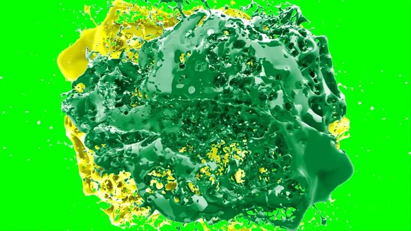 Soyut arkaplan, yeşil arkaplandaki sıçramalarla vurgulanan yeşil ve sarı mürekkep damlasının oluşturduğu bir sıçramadır. Patlayan renkli mürekkebin dondurucu hareketi.