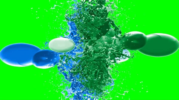 Soyut arkaplan, yeşil arkaplandaki sıçramalarla vurgulanan bir damla yeşil ve mavi mürekkep tarafından oluşturulan bir sıçramadır. Patlayan renkli mürekkebin dondurucu hareketi. Dışavurumculuk tarzında kaotik bir sanat eseri..