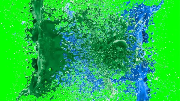 アブストラクト背景とは 緑と青のインクの滴によって作られたスプラッシュで 緑の背景にスプラッシュが強調されています 色インクの爆発の凍結運動 表現主義の様式による混沌とした装飾作品 — ストック写真