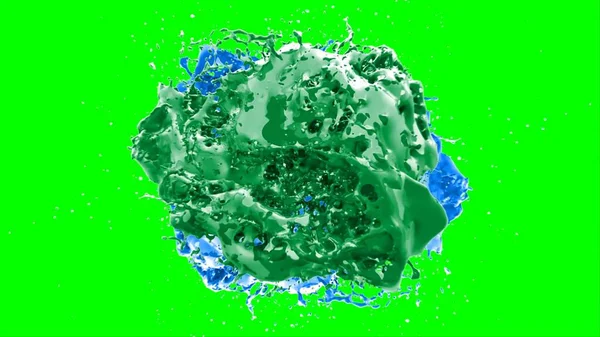 Soyut arkaplan, yeşil arkaplandaki sıçramalarla vurgulanan bir damla yeşil ve mavi mürekkep tarafından oluşturulan bir sıçramadır. Patlayan renkli mürekkebin dondurucu hareketi. Dışavurumculuk tarzında kaotik bir sanat eseri..