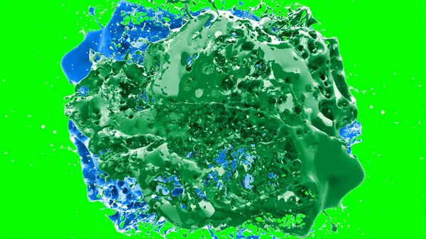 Soyut arkaplan, yeşil arkaplandaki sıçramalarla vurgulanan bir damla yeşil ve mavi mürekkep tarafından oluşturulan bir sıçramadır. Patlayan renkli mürekkebin dondurucu hareketi. Dışavurumculuk tarzında kaotik bir sanat eseri..