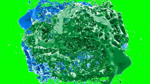 Soyut arkaplan, yeşil arkaplandaki sıçramalarla vurgulanan bir damla yeşil ve mavi mürekkep tarafından oluşturulan bir sıçramadır. Patlayan renkli mürekkebin dondurucu hareketi. Dışavurumculuk tarzında kaotik bir sanat eseri..