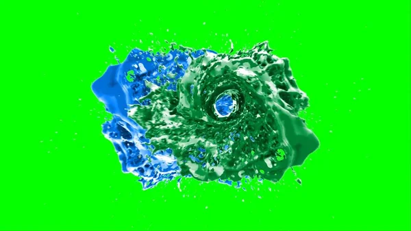 Soyut arkaplan, yeşil arkaplandaki sıçramalarla vurgulanan bir damla yeşil ve mavi mürekkep tarafından oluşturulan bir sıçramadır. Patlayan renkli mürekkebin dondurucu hareketi. Dışavurumculuk tarzında kaotik bir sanat eseri..