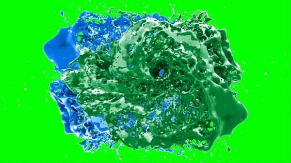 Soyut arkaplan, yeşil arkaplandaki sıçramalarla vurgulanan bir damla yeşil ve mavi mürekkep tarafından oluşturulan bir sıçramadır. Patlayan renkli mürekkebin dondurucu hareketi. Dışavurumculuk tarzında kaotik bir sanat eseri..