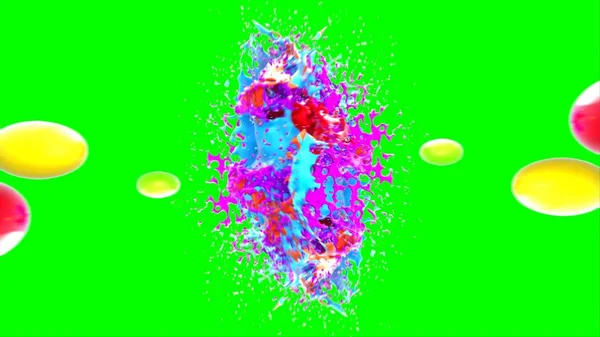 Soyut arkaplan, yeşil arkaplandaki sıçramalarla vurgulanan bir damla kırmızı ve mavi mürekkep tarafından oluşturulan bir sıçramadır. Patlayan renkli mürekkebin dondurucu hareketi. Dışavurumculuk tarzında kaotik bir sanat eseri.