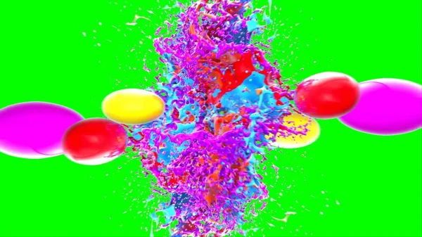 Soyut arkaplan, yeşil arkaplandaki sıçramalarla vurgulanan bir damla kırmızı ve mavi mürekkep tarafından oluşturulan bir sıçramadır. Patlayan renkli mürekkebin dondurucu hareketi. Dışavurumculuk tarzında kaotik bir sanat eseri.