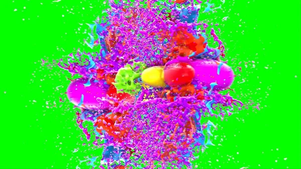 Soyut arkaplan, yeşil arkaplandaki sıçramalarla vurgulanan bir damla kırmızı ve mavi mürekkep tarafından oluşturulan bir sıçramadır. Patlayan renkli mürekkebin dondurucu hareketi. Dışavurumculuk tarzında kaotik bir sanat eseri.