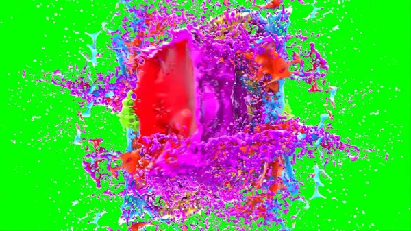 Soyut arkaplan, yeşil arkaplandaki sıçramalarla vurgulanan bir damla kırmızı ve mavi mürekkep tarafından oluşturulan bir sıçramadır. Patlayan renkli mürekkebin dondurucu hareketi. Dışavurumculuk tarzında kaotik bir sanat eseri.