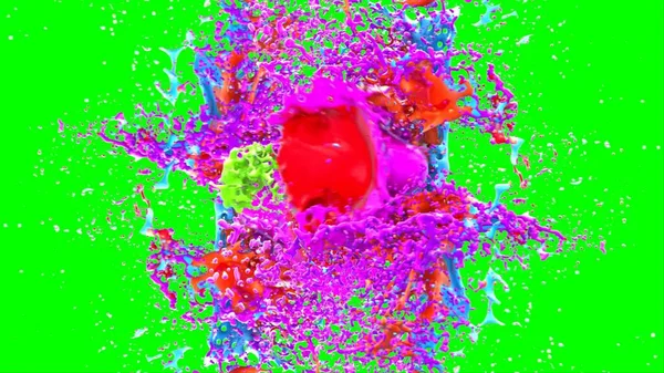 Soyut arkaplan, yeşil arkaplandaki sıçramalarla vurgulanan bir damla kırmızı ve mavi mürekkep tarafından oluşturulan bir sıçramadır. Patlayan renkli mürekkebin dondurucu hareketi. Dışavurumculuk tarzında kaotik bir sanat eseri.