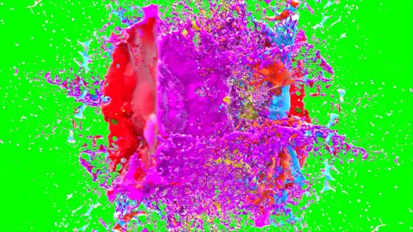 Soyut arkaplan, yeşil arkaplandaki sıçramalarla vurgulanan bir damla kırmızı ve mavi mürekkep tarafından oluşturulan bir sıçramadır. Patlayan renkli mürekkebin dondurucu hareketi. Dışavurumculuk tarzında kaotik bir sanat eseri.