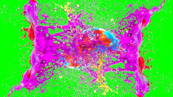 Soyut arkaplan, yeşil arkaplandaki sıçramalarla vurgulanan bir damla kırmızı ve mavi mürekkep tarafından oluşturulan bir sıçramadır. Patlayan renkli mürekkebin dondurucu hareketi. Dışavurumculuk tarzında kaotik bir sanat eseri.