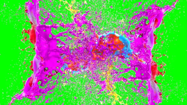 Soyut arkaplan, yeşil arkaplandaki sıçramalarla vurgulanan bir damla kırmızı ve mavi mürekkep tarafından oluşturulan bir sıçramadır. Patlayan renkli mürekkebin dondurucu hareketi. Dışavurumculuk tarzında kaotik bir sanat eseri.