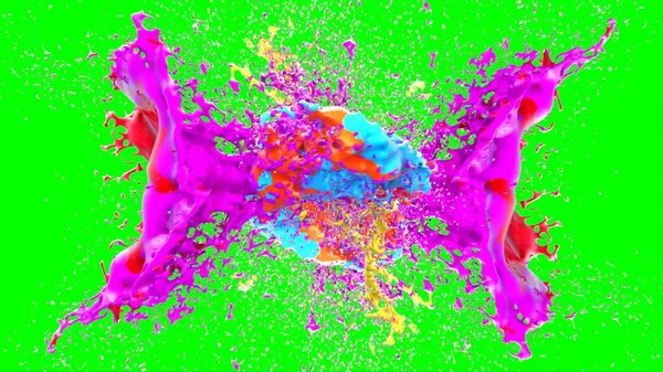 Soyut arkaplan, yeşil arkaplandaki sıçramalarla vurgulanan bir damla kırmızı ve mavi mürekkep tarafından oluşturulan bir sıçramadır. Patlayan renkli mürekkebin dondurucu hareketi. Dışavurumculuk tarzında kaotik bir sanat eseri.