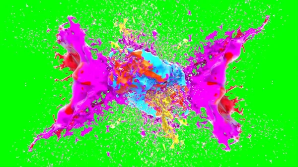 Soyut arkaplan, yeşil arkaplandaki sıçramalarla vurgulanan bir damla kırmızı ve mavi mürekkep tarafından oluşturulan bir sıçramadır. Patlayan renkli mürekkebin dondurucu hareketi. Dışavurumculuk tarzında kaotik bir sanat eseri.