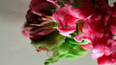 Suyun altında dönen kırmızı ve yeşil mürekkep. Soyut duman patlaması etkisi. Soyut gri arkaplan