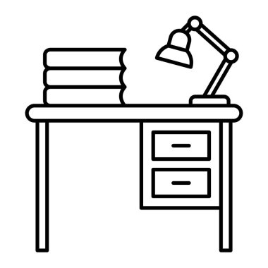 Kitaplı ofis masası ve lamba vektör çizimi. beyaz arkaplanda izole