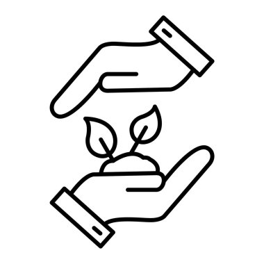 Yaprak ikonlu bir bitkiyi tutan eller. vektör illüstrasyonu