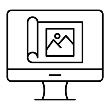 Web ve mobil uygulama tasarımınız için beyaz arkaplanda izole edilmiş simge vektörü, dizüstü bilgisayar logosu konsepti