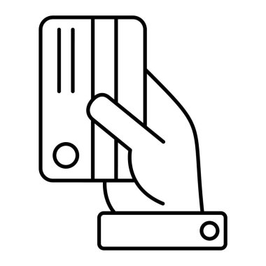 El ele tutuşan kredi kartı ikonu. Ana hatlı vektör çizimi sembolü. beyaz arkaplanda izole