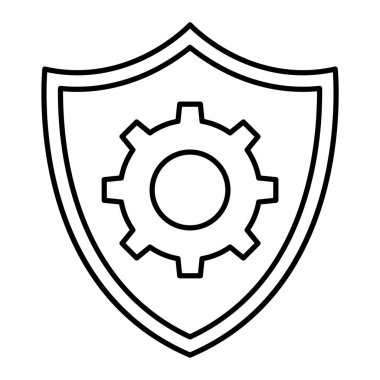 Beyaz arkaplan üzerinde dişli simgesi olan kalkan, satır biçimi, vektör illüstrasyonu
