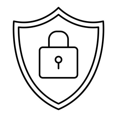 Beyaz arkaplan üzerinde asma kilit simgesi olan kalkan, satır biçimi, vektör illüstrasyonu