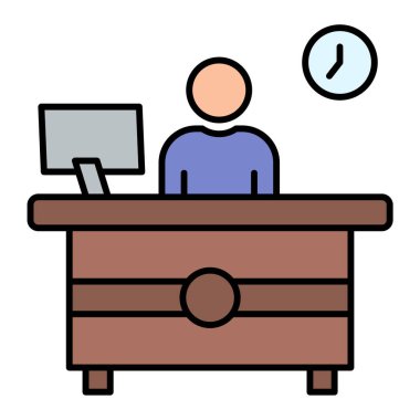 Dizüstü bilgisayarı ve masa başı karakter çizimi tasarımı olan iş adamı