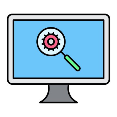 Büyüteçli bilgisayar monitörü ve vites vektör illüstrasyon tasarımı