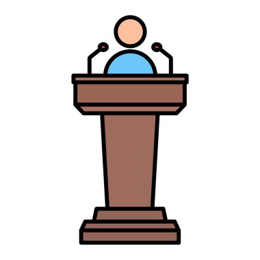 Mikrofon ikonlu hoparlör. Podyum vektör illüstrasyonlu insanları özetle. beyaz arkaplanda izole