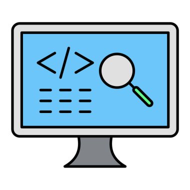 Büyüteçli bilgisayar monitörü ve mavi çizgi simgesi