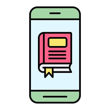 Kitaplı akıllı telefon, cep telefonu simgesi. Web için çevrimiçi eğitim vektör simgelerinin özeti