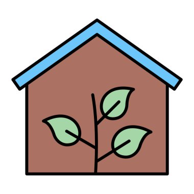 Beyaz arkaplan üzerinde yeşil yaprak simgesi olan ev, çizgi biçimi, vektör illüstrasyonu