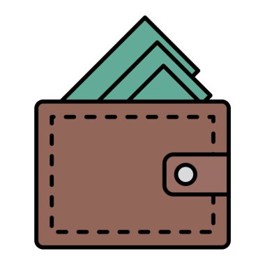 Beyaz arkaplan üzerinde para simgesi olan cüzdan, satır biçimi, vektör illüstrasyonu