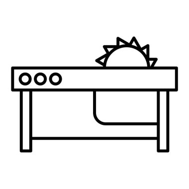 Sandalyeli ahşap masa ve güneş çizgisi ikonu. Ana hatlı vektör çizimi. beyaz arkaplanda izole