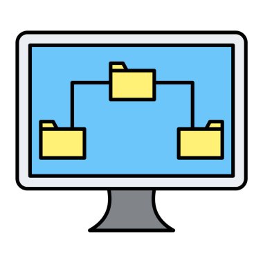 Veri depolama ve teknoloji temalı bilgisayar monitörü izole edilmiş tasarım vektörü illüstrasyonu