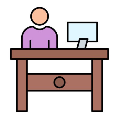 Dizüstü bilgisayarı ve masa başı vektör çizimi olan adam