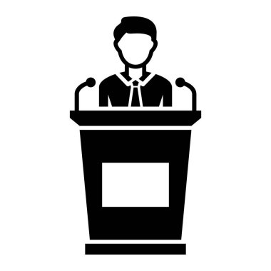 Mikrofon ikonu olan bir iş adamı. Web için siyasetçi vektör simgelerinin özet çizimi