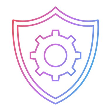 Beyaz arkaplan üzerinde dişli simgesi olan kalkan, satır biçimi, vektör illüstrasyonu