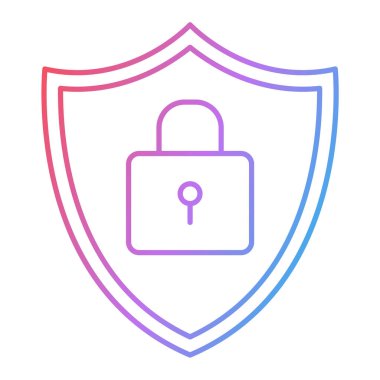 Beyaz arkaplan üzerinde asma kilit simgesi olan kalkan, satır biçimi, vektör illüstrasyonu