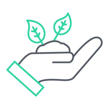 Yaprak ikonlu yeşil bitkiyi tutan el. Ekoloji ve çevre teması. Yalnız tasarım. vektör illüstrasyonu