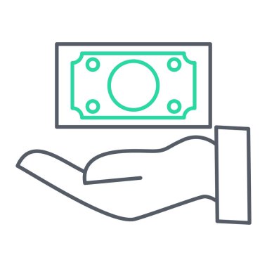 Para nakit ikonu. Taslak el sikke vektör işareti tutuyor. izole kontur sembolü