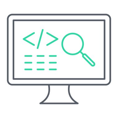 Büyüteçli bilgisayar monitörü ve ikili kod ikonu. vektör illüstrasyonu