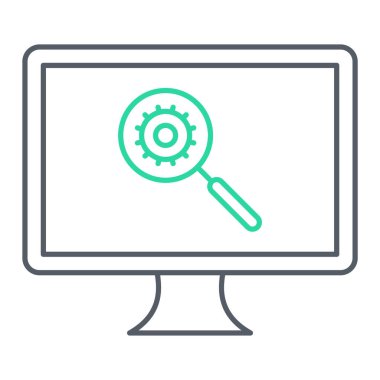 Büyüteç ve vites ikonlu bir laptop. vektör illüstrasyonu