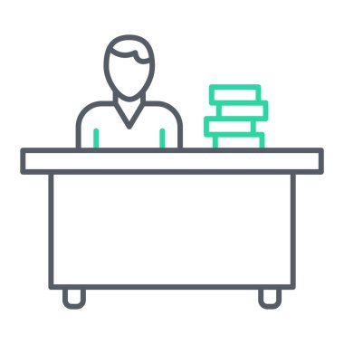 Kitap ve sandalye çizgisi ikonu olan adam. Web tasarımı için kitaplık vektör simgelerine sahip iş adamlarının özeti