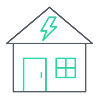 Güneş paneli ikonlu ev. Web için enerji pili vektör simgelerinin özet çizimi